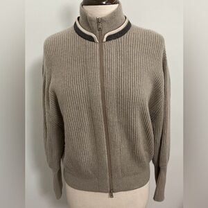 Brunello Cucinelli Taupe Ribbed Zip-Front Cashmere Sweater with Contrast Trim